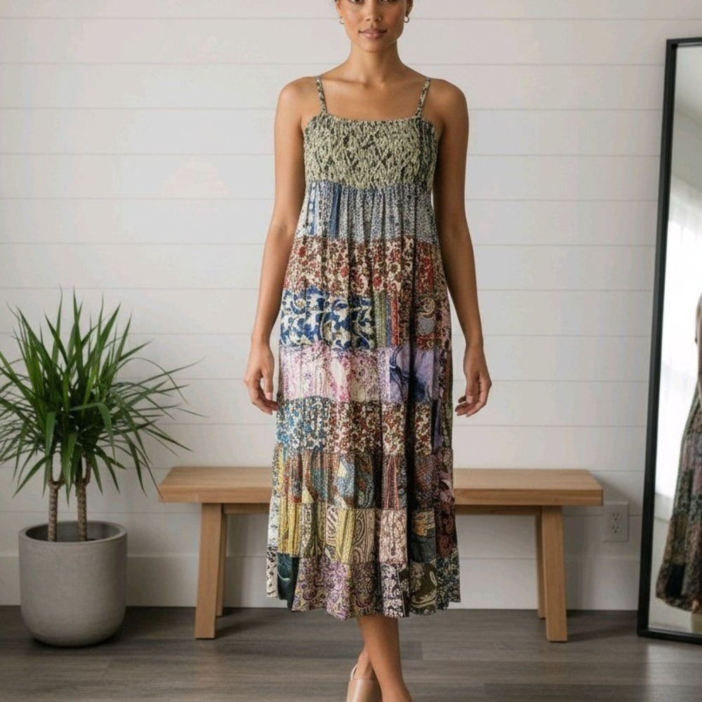 Flower Patchwork Maxi Dress Multicolor Boho‎ Smocked Tiered Free Size India